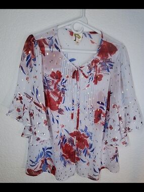 Fig & Flower Floral Gold Metallic Foil Dot Ruffle Sleeve Tie Neck Blouse
